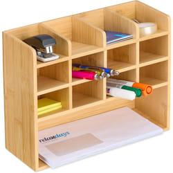 Relaxdays - Organizer da Scrivania, con 13 Scomparti in Bambù Portapenne e Portadocumenti, 21x27x10 cm, Ufficio, Naturale