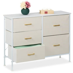 Cassettiera Camera da Letto, Comò con 5 Cassetti in Tessuto, hlp: 76x100x31 cm, Struttura in Ferro, Bianco Oro - Relaxdays