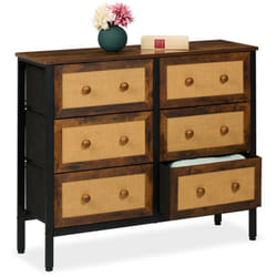 Cassettiera Camera da Letto e Ingresso, Comò con 6 Cassetti in Look Rattan, hlp: 83x100x32 cm, Marrone Nero - Relaxdays