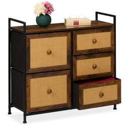 Cassettiera Camera da Letto e Ingresso, Comò con 5 Cassetti in Look Rattan, hlp: 77x85x31,5 cm, Marrone Nero - Relaxdays