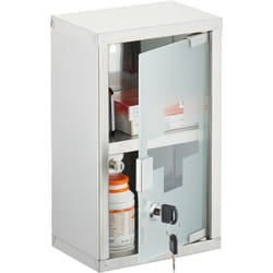 Relaxdays Armadietto Pronto Soccorso Medicinali, Cassetta Medicine con Chiave, HLP: 30x18x12 cm, Acciaio Inox e Vetro