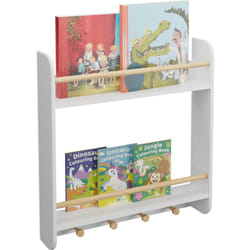 Scaffale a Parete per Bambini, Libreria a Muro con 2 Ripiani per Libri e 4 Ganci Appendiabiti, 62,5x60x12 cm - Relaxdays