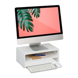 Relaxdays - Supporto per Monitor, Rialzo Stand pc con Ripiano Portaoggett, 14x40x23,5 cm, Alzaschermo da Scrivania, Bianco