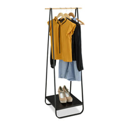 Relaxdays Stand Appendiabiti con Ripiano Portascarpe e Asta Effetto Legno Appendi Abiti, HLP 141x56x45 cm, Ferro, Nero