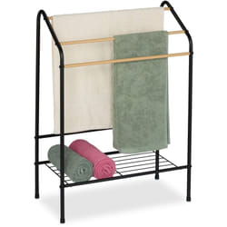 Portasciugamani a 3 Bracci e Ripiano, Piantana da Bagno, 84,5x60,5x31cm, Porta Asciugamani Ferro, Nero Marrone - Relaxdays