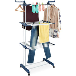 Stendibiancheria Verticale, Stendino Pieghevole a Torre con Ruote hlp: 179x126x63,5 cm, in Metallo, Bianco Blu - Relaxdays