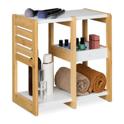 Scaffale Bagno e Cucina Salvaspazio, Mensola con 3 Ripiani Portaoggetti, 35x34x20cm, mdf e Bambù, Naturale - Relaxdays