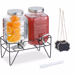 Con questo pratico set di 2 dispenser in vetro per bevande con supporto decorativo in metallo nero, puoi servire succhi fatti ...