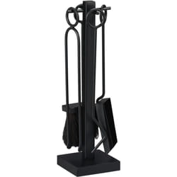 Set da 5 Attrezzi da Camino o Stufa, Attizzatoio, Pala, Scopino, Pinza e Supporto Porta Utensili, Ferro, Nero - Relaxdays