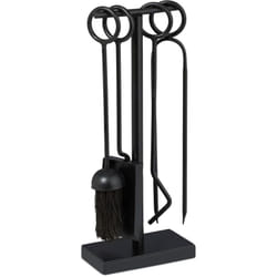 Set da 5 Attrezzi da Camino o Stufa, Attizzatoio, Pala, Scopino, Pinza e Supporto Porta Utensili, Ferro, Nero - Relaxdays