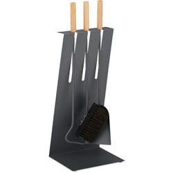 Set 4 Attrezzi da Camino, Attizzatoio, Paletta, Scopino e Supporto Porta Utensili Stufa, Ferro, Legno, Grigio - Relaxdays