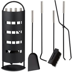 5 Attrezzi da Camino, Attizzatoio Caminetto, Paletta e Scopa per Cenere, Pinza, Acciaio, Ferro, Nero Grigio - Relaxdays