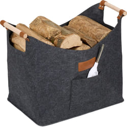 Relaxdays Cesto Portalegna in Feltro da 50L, con Maniglie in Legno, HLP: 40x51x32 cm, Cestino Porta Legna Camino, Grigio