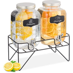 Relaxdays - 2 Dispenser in Vetro per Bevande, Erogatore da 4 l con Rubinetto e Supporto, Distributore Acqua e Limonate