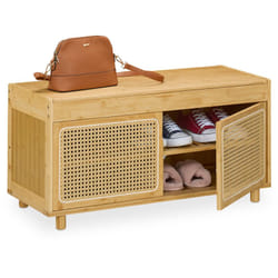 Panca con Scarpiera da Ingresso, 2 Ripiani Portascarpe con Ante Rattan, hlp: 45x90x37 cm, in Bambù, Naturale - Relaxdays