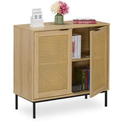 Credenza Ingresso e Salotto, Comò Vintage con Ante in Rattan, Gambe in Metallo, hlp: 76x80x35 cm, Marrone Nero - Relaxdays