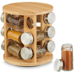 Relaxdays - Portaspezie da Cucina, 12 Barattoli Spezie, Fori Spargispezie, Girevole a 360°, HxD: 21x21 cm, Bambù, Naturale