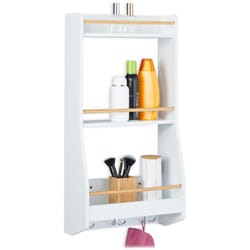 Relaxdays Mensola da Cucina, 75x38,5x17,5 cm, 3 Ripiani Portaspezie, Scaffale Bagno 6 Ganci Portasciugamani, MDF e Bambù