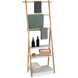 Piantana Portasciugamani Bagno, 3 Aste e Ripiani Porta Asciugamani, 151x64,5x32 cm, mdf Bambù, Naturale Bianco - Relaxdays