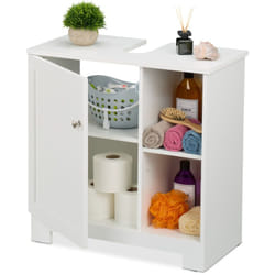 Mobiletto Sottolavabo Bagno, Armadio con Anta e 4 Scomparti, Mobile Sifone Lavandino, 60x60x30 cm, mdf, Bianco - Relaxdays