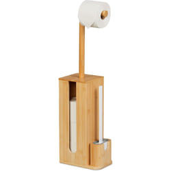 Relaxdays - Piantana Portarotoli e Scopino, Portascopino da Bagno, 4 Rotoli di Carta Igienica, hlp: 72,5x26x15 cm, Bambù