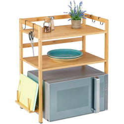 Relaxdays - Mensola per Microonde, Scaffale a 2 Ripiani da Cucina, HxLxP: 67x61x35 cm, Mobile con 4 Ganci, Bambù Naturale