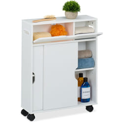 Relaxdays - Carrello Stretto Salvaspazio, Carrellino per Cucina e Bagno con Ante Scorrevoli, 67x17x52 cm, in mdf, Bianco