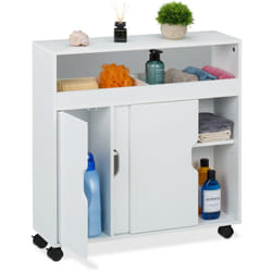 Relaxdays Carrello Salvaspazio da Cucina, 3 Scomparti, 2 Ripiani, Scaffale su Ruote Stretto Bagno, 71,5x70x20 cm, Bianco