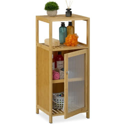Relaxdays - Mobiletto Bagno Salvaspazio, Mobile Stretto con Anta, hlp: 87,5x36,5x35 cm, Colonna a 3 Scomparti in Bambù