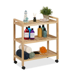 Mobile da Bagno con 3 Ripiani, Mobiletto su Ruote, Scaffale in Legno da Cucina, 72x65x31 cm, Marrone Chiaro - Relaxdays