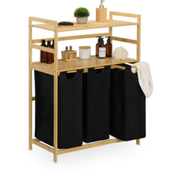 Scaffale Portabiancheria, 3 Cesti Estraibili Biancheria, 2 Ripiani, 105x80x40 cm, Mobile Bambù, Naturale Nero - Relaxdays