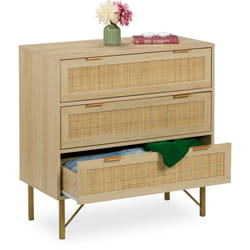 Relaxdays Cassettiera Camera da Letto, Comò con 3 Cassetti, 80x80x42 cm, Settimino in Look Rattan e Legno, Naturale Oro