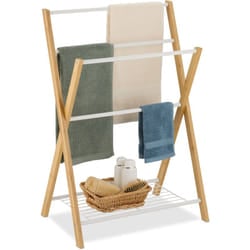 Portasciugamani a 4 Bracci, Ripiano Porta Asciugamani, Piantana da Bagno in Ferro e Bambù, Naturale Bianco - Relaxdays