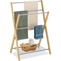 Portasciugamani a 4 Bracci, Ripiano Porta Asciugamani, Piantana da Bagno in Ferro e Bambù, Naturale Argentato - Relaxdays