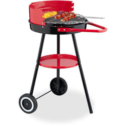 Relaxdays - Barbecue a Carbonella con Paravento, ø 42 cm, Grill a Carbone da Esterno, 2 Ruote e Portautensili, Nero Rosso