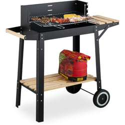 Relaxdays - Barbecue Carbonella con Ruote, Griglia Regolabile con Paravento, 2 Ripiani, hlp 80,5x86x42 cm, Acciaio, Legno