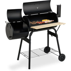 Relaxdays - Barbecue Carbonella con Ruote e Ripiani, Griglia Affumicatore con Coperchio e Termometro, Acciaio, Legno, Nero