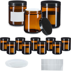 Relaxdays - Vasetti di Vetro 240 ml per Creme e Cosmetici, 12 Contenitori Vuoti, Etichette, Barattoli da Viaggio, Marrone