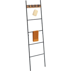 Relaxdays Scala Porta Asciugamani Bagno, Scaletta a 4 Pioli Portasciugamani e Ganci, Acciaio, 160,5x44 cm, Nero Marrone
