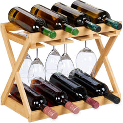 Relaxdays - Cantinetta Portabottiglie, Scaffale per 8 Bottiglie di Vino in Orizzontale e 6 Bicchieri, 35x45x23 cm, Bambù