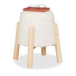 Sgabello Pouf da Salotto e Camera Letto, Poggiapiedi Imbottito, Sedia in Tessuto Bouclé, HxD: 40x30 cm, Bianco - Relaxdays