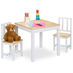 Tavolino da Bambini con Sedie per Cameretta, Piccolo Tavolo da Gioco 2 Seggiole, Legno e mdf, Naturale Bianco - Relaxdays