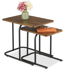 Relaxdays Set 2 Tavolini da Salotto, Tavoli Bassi da Caffè, Comodini da Divano, MDF Effetto Legno e Ferro, Marrone Nero