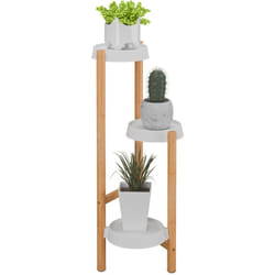 Relaxdays - Scaffale Portapiante con 3 Ripiani in Plastica, Scala Portafiori, Supporto Vasi, 78x28x34 cm, Bambù, Naturale