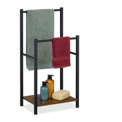 Portasciugamani a 2 Bracci e Ripiano, Piantana Bagno, 80x40x28 cm, Porta Asciugamani Ferro e mdf, Marrone Nero - Relaxdays