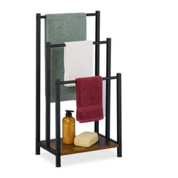 Portasciugamani a 3 Bracci e Ripiano, Piantana Bagno, 80x40x28 cm, Porta Asciugamani Ferro e mdf, Nero Marrone - Relaxdays