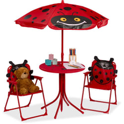 Tavolo Bambini con Ombrellone, Set con 2 Sedie, da Campeggio e Giardino, Tavolino Picnic, in vari colori - Relaxdays