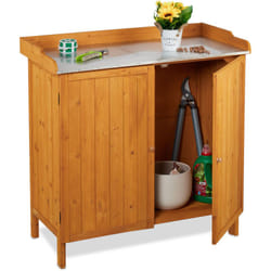 Tavolo da Lavoro per Giardinaggio, Banco da Lavoro Zincato da Giardino, Armadietto Legno, 94x94x47 cm, Arancio - Relaxdays