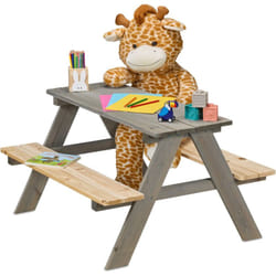 Tavolino da Bambini con Panche Esterno, Tavolo da Picnic Giardino, 4 Posti, 51x90x78cm, Legno Naturale, Grigio - Relaxdays