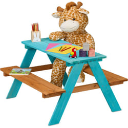 Relaxdays Tavolino da Bambini con Panche da Esterno, Tavolo da Picnic Giardino, 4 Posti, 51x90x78cm, Legno Naturale, Blu